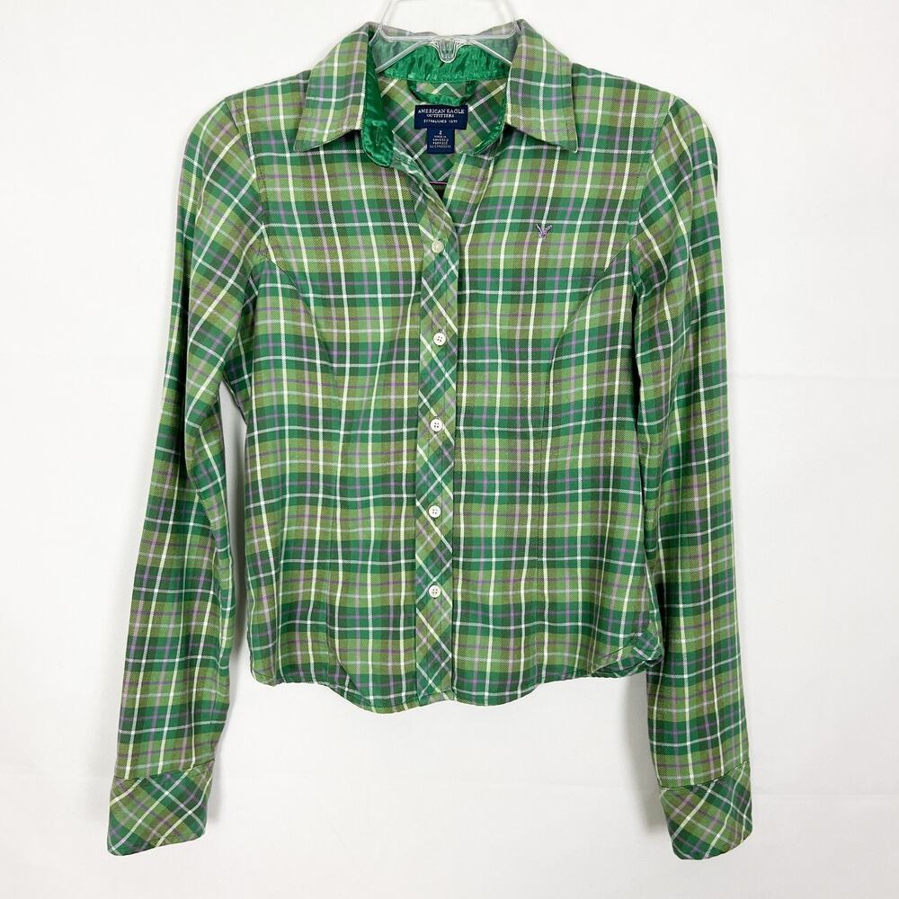American Eagle Plaid Green Button Down Cropped Shirt Size 2